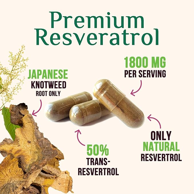 Resveratrol Supplement - 1800mg Per Serving Extra Strength Resveratrol Blend - Antioxidant Blend for Healthy Aging, Heart Health, Cellular Energy & Immune Support - Bottled in USA - 120 Capsules