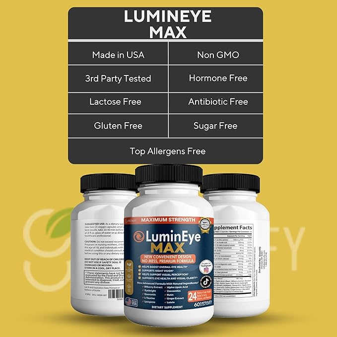 LuminEye MAX Eye Health Supplement, 60 Veggie Capsules, with Lutein, Bilberry Extract, 24 Premium Ingredients, Maximum Strength Vision Support (1)