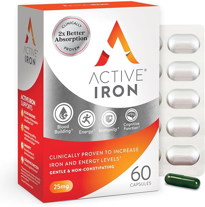 Active Iron Supplement 25mg, Clinically Proven to Increase Iron & Energy Levels, Maximum Absorption, Gentle, Non-Constipating, Avoids Nausea & Side Effects, 60 On-the-Go Foil Protected Capsules