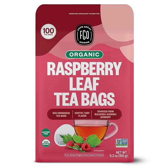 FGO Organic Red Raspberry Leaf Tea Bags, 100 Eco-Conscious Tea Bags, Caffeine Free, Imported from Germany, Reseable Bag, Packaging May Vary (Pack of 1)