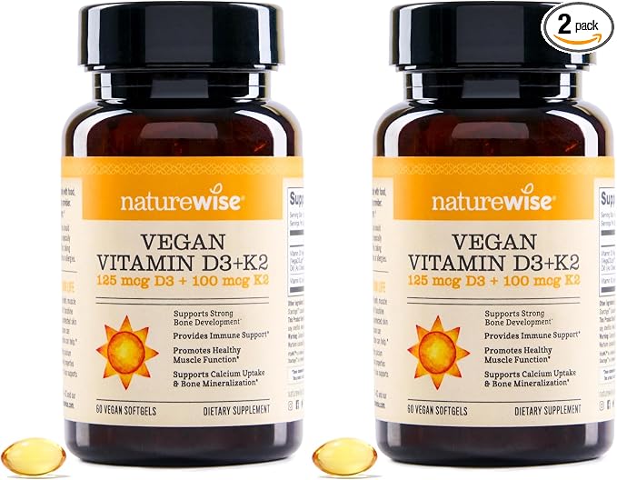 NatureWise Vegan Vitamin D3 + K2 - Natural D3 5000IU + Natural Vitamin K2 100mcg - Bone Support - High Absorption with Organic Cold-Pressed Olive Oil - Non-GMO, (Pack of 2)