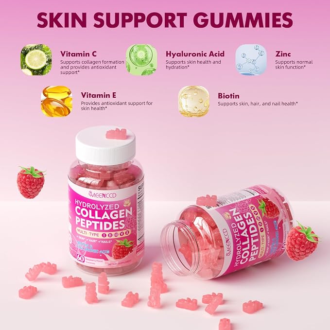 MEENCCD Hydrolyzed Collagen Peptides Gummies for Women & Men, Multi-Collagen Type I,II,III,V,X with Biotin, Hyaluronic Acid, Zinc, Vitamin C, E - Skin, Hair, Nails, Raspberry Flavor, 60 Count