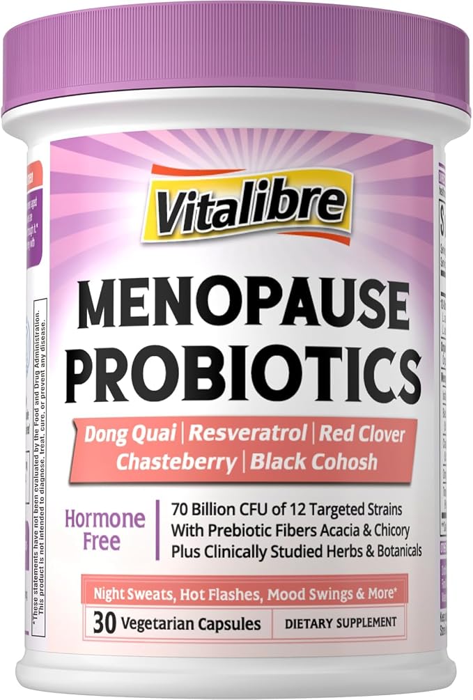 Vitalibre Menopause Probiotics for Women 70 Billion CFU, 12 Targeted Strains, Organic Prebiotics, Black Cohosh Resveratrol Red Clover Chasteberry Dong Quai, Hot Flash Night Sweat+, No Estrogen, 30 Ct