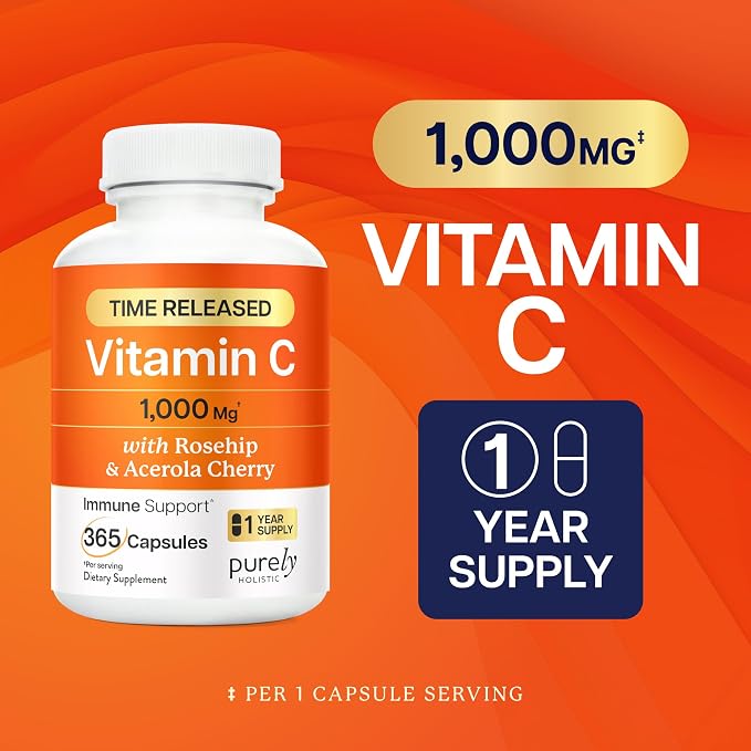 Purely Holistic Vitamin C 1000mg, 365 Capsules, 12 Month Supply, 2 Stage Timed Release with Ascorbic Acid, Rosehip & Acerola Cherry Bioflavonoid, Immune System Support, Vegan