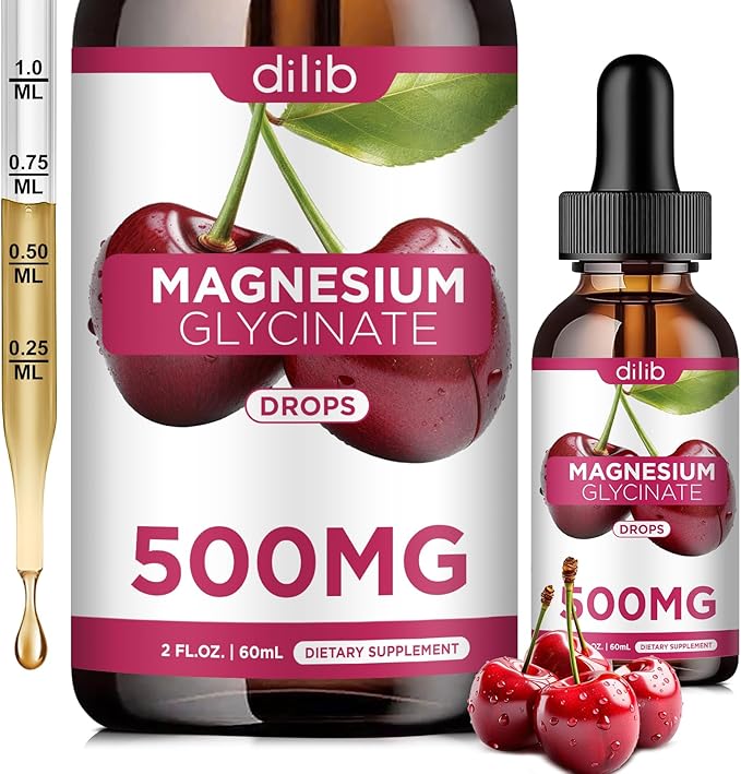 Magnesium Glycinate Supplement, Magnesium Glycinate Liquid Drops 500mg with Calcium, Zinc, Vitamin B6, D3, L-Theanine, Omega 3 for Sleep, Mood, Stress Relief, Bone, Muscle, Cherry Flavor