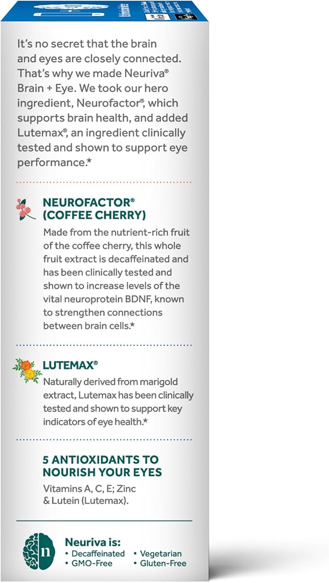 NEURIVA Brain + Eye Supplement for Memory, Focus & Concentration with Lutein & Vitamins A C E and Zinc for Eye Health & Zeaxanthin to Filter Blue Light, 30ct Capsules, (Pack of 2)