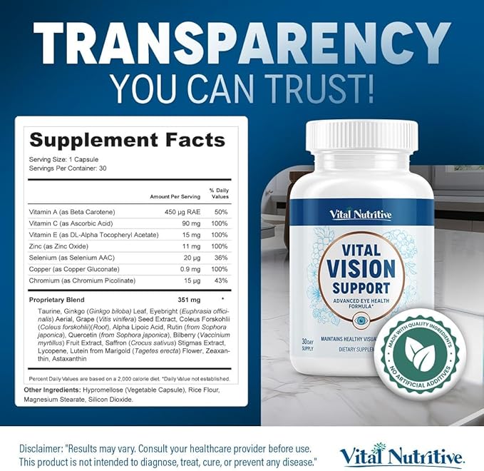 Vital Vision Support – Eye Health Supplement with Vitamin A, Lutein, Beta Carotene & Antioxidants – Eye Vitamins Support Hydration & Oxidative Stress -30 Days Serving