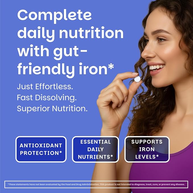 EZ Melts Multivitamin + Iron - Daily Multivitamin for Women & Men - Supports Healthy Energy Levels & Antioxidant Protection - Non-GMO & Vegan - Tropical Cherry - 60 Dissolvable Tablets (30 Servings)