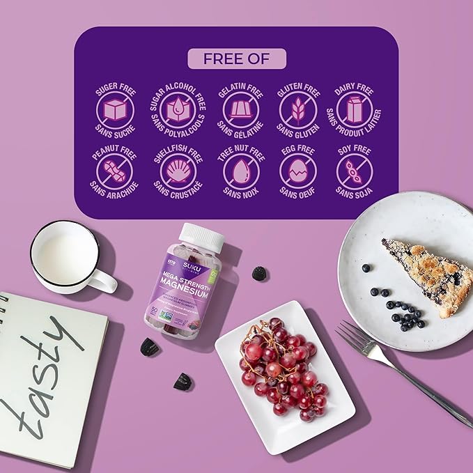 SUKU Vitamins - Mega Strength Magnesium - 177 mg of Magnesium Bisglycinate Gummies for Muscle Function - Easy to Chew - Non GMO, Gluten Sugar Free - Grape BlackBerry Flavored Gummy Vitamins (50 Count)