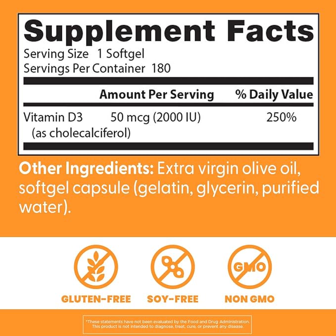Doctor's Best Vitamin D3 2000 IU Softgels for Men & Women - Vitamin D Supplement for Immune System & Heart Health Support, 50 mcg per Serving, Vit D 3, Non GMO, Gluten Free, Soy Free - 180 Softgels