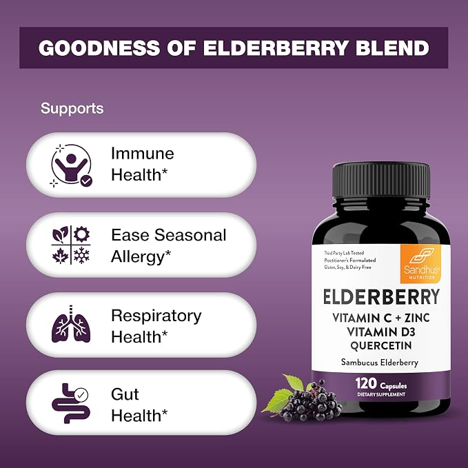 Elderberry Vitamin C and Zinc Capsules with D3 and Quercetin | 6-in-1 Immune Support Supplement Pills for Adults | 120 Count Sambucus Black Elderberry Natural Immunity Vitamins | Made in USA