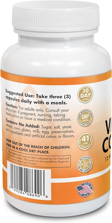 Vitamin Complex Multivitamins and Multiminerals - 12 Vitamins and 14 Minerals, Vitamin A C D3 E B1 B2 B3 B5 B6 B9 B12 H and Minerals - 90 capsules 41 Active Ingredients, Micronized for max absorption.