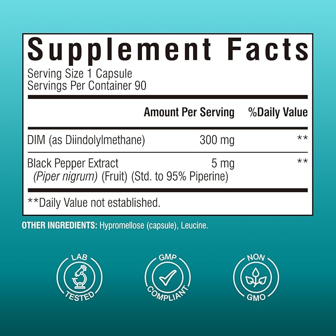 DIM Supplement for Women & Men, Estrogen Metabolism, Hormone Balance & Menopause Support, DIM 300 mg with Black Pepper Extract, High Absorption, 90 Capsules