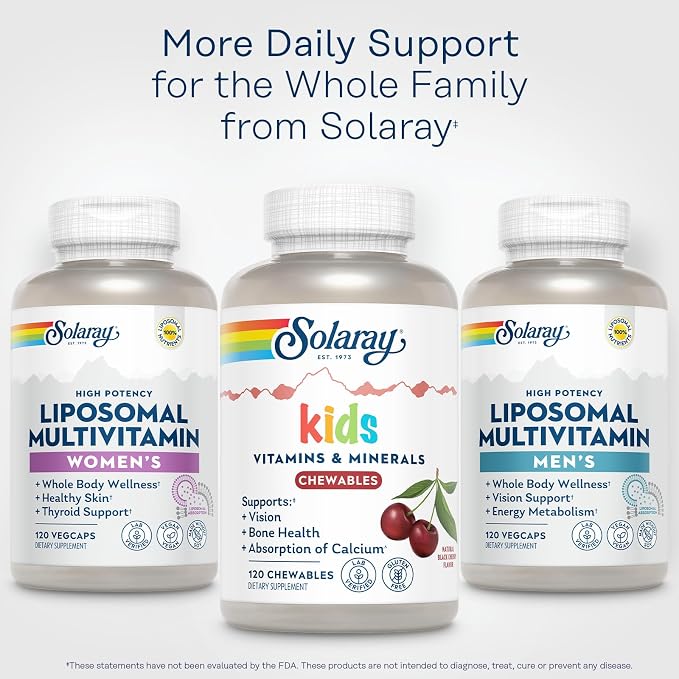 SOLARAY Kid's Vitamins & Minerals, Multivitamin for Kids - Bones, Vision, Heart Health Support w/Vitamin C, Vitamin D and B2, Iron - Gluten Free, 120 Black Cherry Chewables, 60 Servings