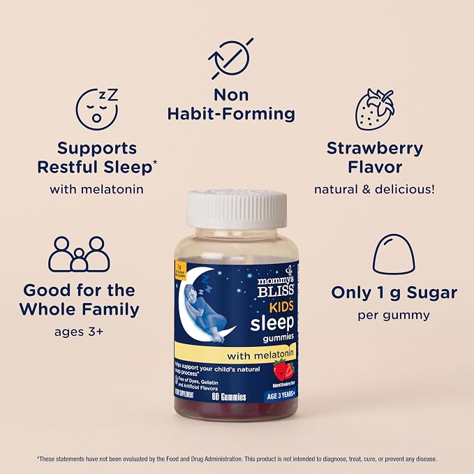 Mommy's Bliss Kids Sleep Melatonin Gummies, No Artificial Colors, Flavors or Gelatin, Strawberry Flavor Children's Melatonin Gummies, Age 3+, 60 Count