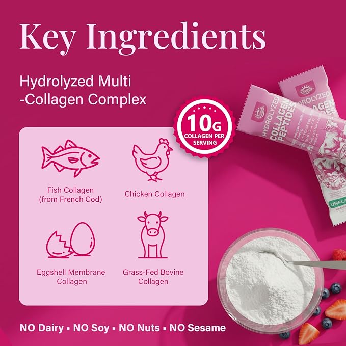 Multi Collagen Peptides Powder - 10g Hydrolyzed Collagen Peptides Type I, II, III, V & X with Biotin, Hyaluronic Acid & Prebiotics, Support Hair, Skin, Nail, Bone & Digestive Health, Non-GMO丨30 Sticks