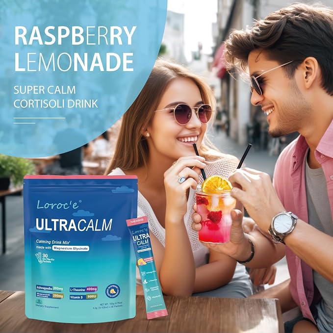 UltraCalm Cortisol Drink Mix - Raspberry Lemonade with Ashwagandha, Magnesium Glycinate & L-Theanine Supplement - Sleep and Relaxation Support (2 x 30 Travel Packets)