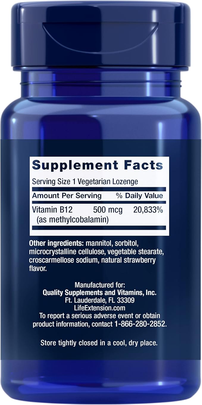 Life Extension Vitamin B12 Methylcobalamin 500mcg - Vitamin B12 Supplement for General Energy and Brain Health - SugarFree Vegetarian Lozenges Dissolve in Your Mouth/Once Daily - 100 Count (Pack of 2)