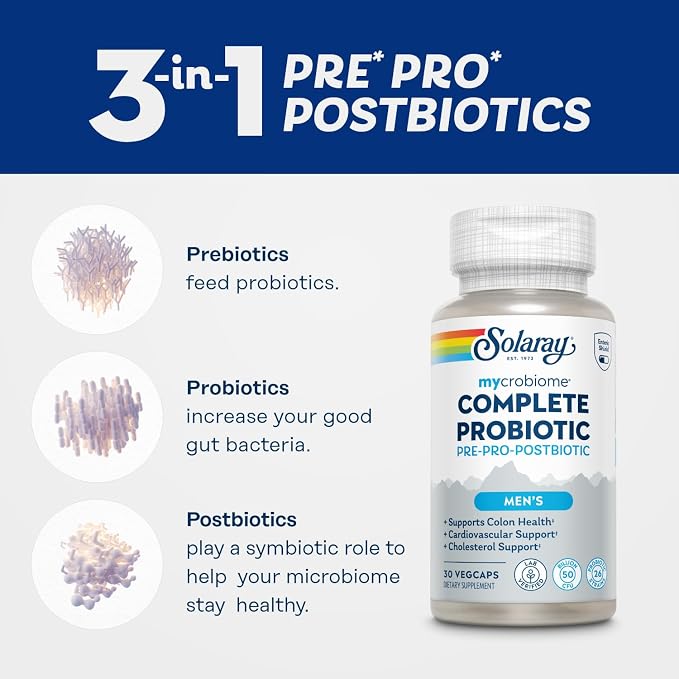 SOLARAY Mycrobiome Complete Probiotic Men's Formula - Pre and Probiotics for Men Plus Postbiotic - Digestive Health and Immune Support - 50 Billion CFU, 26 Strains - Vegan - 30 Servings, 30 VegCaps