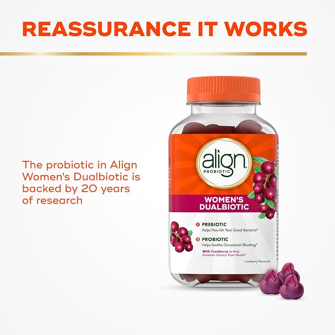 Align Probiotic, Women's Dualbiotic, Womens Probiotic Gummies, Prebiotics and Probiotics for Women, with Cranberry for Urinary Tract Health*, Cranberry Flavor, 90 Gummies