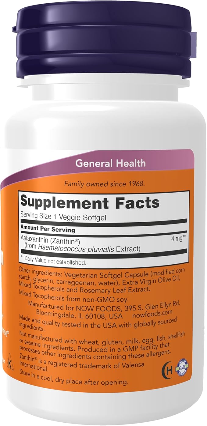 NOW Foods Supplements, Astaxanthin 4 mg, Features Zanthin®, Supports Eye Health*, 60 Veg Softgels, (Pack of 2)