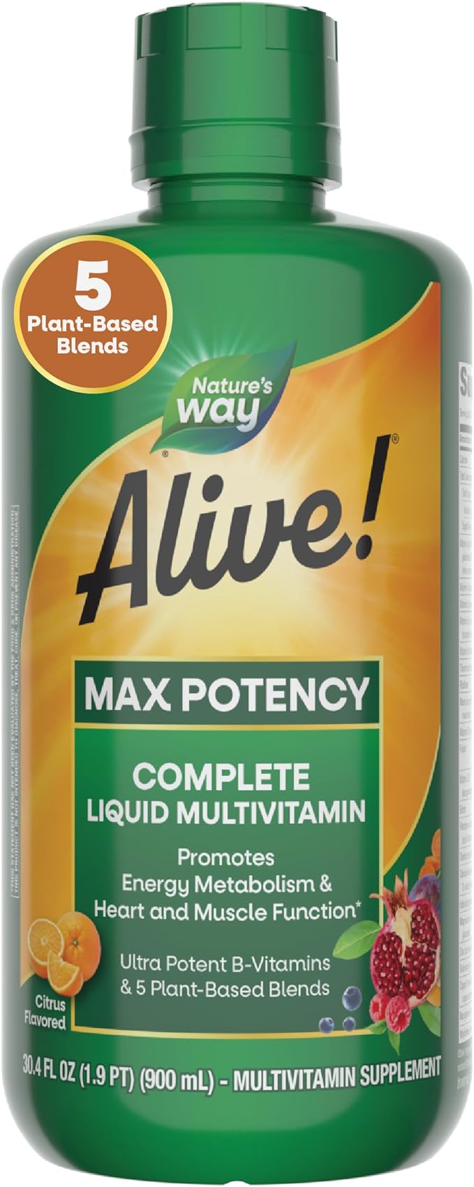 Nature’s Way Alive! Max Potency Complete Liquid Multivitamin, Liquid Vitamin Promotes Energy Metabolism, Heart & Muscle Function* with Vitamins A, B, C, D, Multivitamins for Women & Men, 30.4 Fl Oz