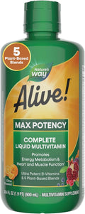 Nature’s Way Alive! Max Potency Complete Liquid Multivitamin, Liquid Vitamin Promotes Energy Metabolism, Heart & Muscle Function* with Vitamins A, B, C, D, Multivitamins for Women & Men, 30.4 Fl Oz
