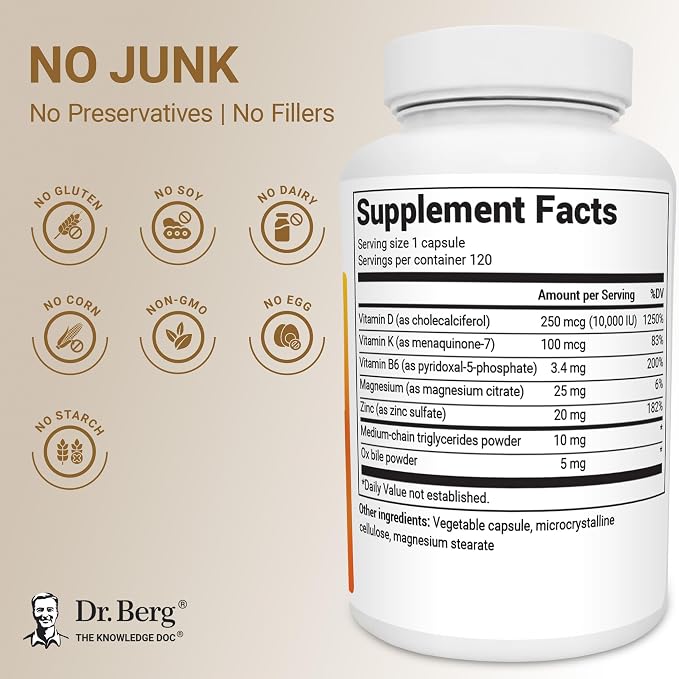 Dr. Berg Maximum Strength 2-in-1 Vitamin D3 K2 10,000 IU | Naturally Derived D3 | 4X Lab-Tested & Verified | High Absorption Formula | K2 D3 Vitamin Supplement - 120 Capsules
