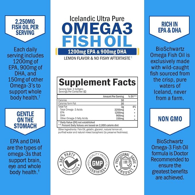Triple Strength Omega 3 Fish Oil Softgels (2 Month Supply) Plus 40 Billion CFU Daily Probiotic Supplement (2 Month Supply)