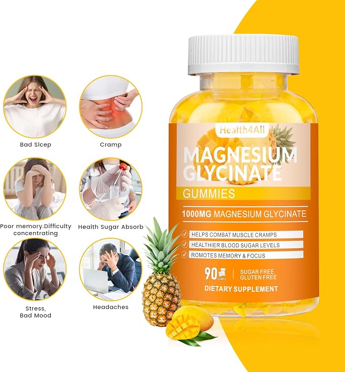 Magnesium Glycinate Gummies 1000mg, High Absorption Sugar Free Magnesium Potassium Supplement for Relaxation, Stress Relief, and Sleep Support for Adults & Kids - 180 Mango Pineapple Gummies