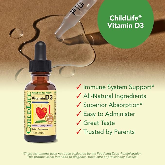 CHILDLIFE ESSENTIALS Vitamin D3 Drops for Kids, Children, & Toddlers - Liquid Vitamin D Drops, 500 IU per Drop, Immune & Bone Health Support, Natural Berry - 1 Fl Oz (Pack of 3)