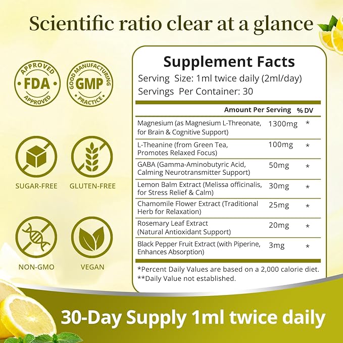 High Absorption Magnesium L-Threonate 1300mg Liquid Drops with L-Theanine&GABA,Supports Brain Function,Deep Sleep Quality&Stress Relief,Natural Lemon Flavor,Fast Acting GMP Certified,Adults & Kids
