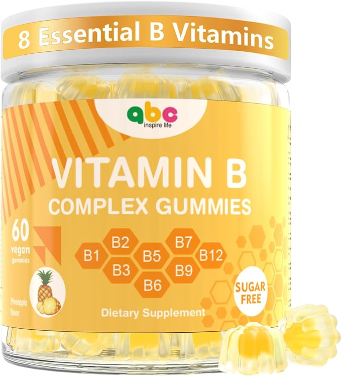 Vitamin B Complex Gummies for Adult Kid-Pineapple Flavor-Chewable Supplement with 8 Essential B Vitamins (B1, B2, B3, B5, B6, B7, B9, B12) Non GMO,Vegan 60 Count