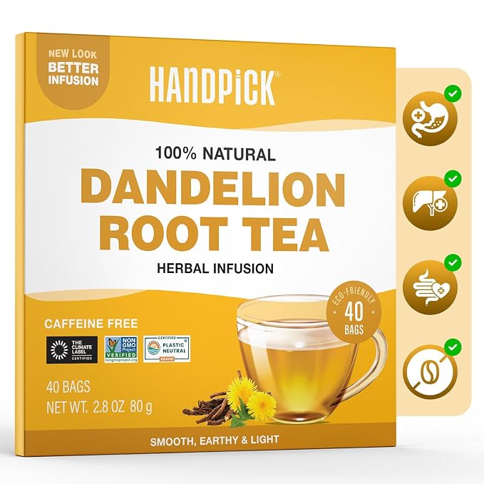 HANDPICK - Dandelion Root Tea bags, 40 Teabags - Natural Dandelion Herbal Tea - Non-GMO - Caffeine-free