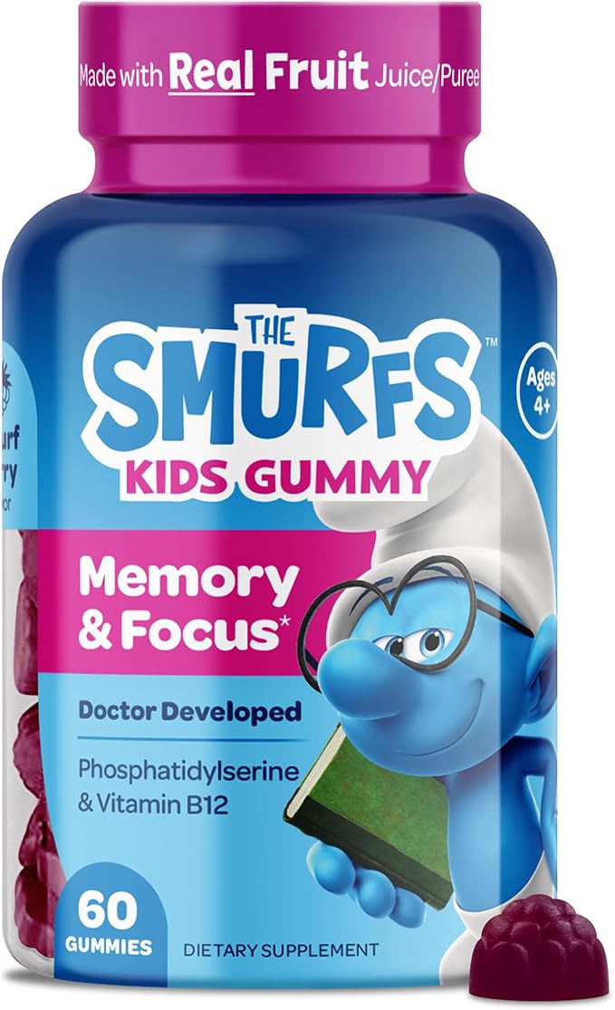 The Smurfs Nootropic Gummies for Kids with Vitamin B12 & L-Theanine | Laser Focus Gummy for Focus and Memory Supplements | Made with Real Fruit in a Smurf Berry | Doctor Developed | 60 Vegan Gummies