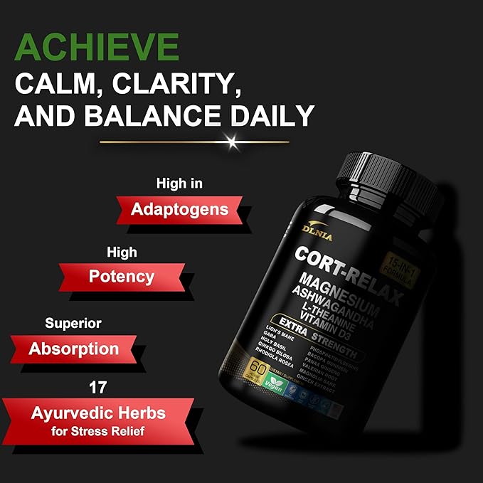 Super Calm Cortisol Supplement with Magnesium Glycinate, Ashwagandha KSM-66, L-Theanine, Phosphatidylserine, Ginkgo Biloba & Lions Mane for Calm, Focus, Mental Clarity, Relaxation, Sleep, Energy