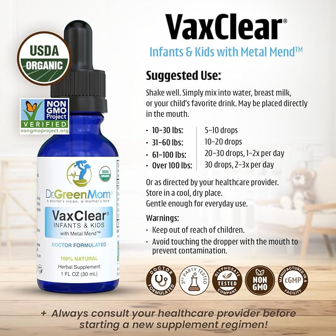 Dr. Green Mom Organic VaxClear with Metal Mend, Herbal Heavy Metal Detox Drops for Kids and Infants with Chlorella, Turmeric, Cilantro and Milk Thistle to Cleanse and Support Immune Response