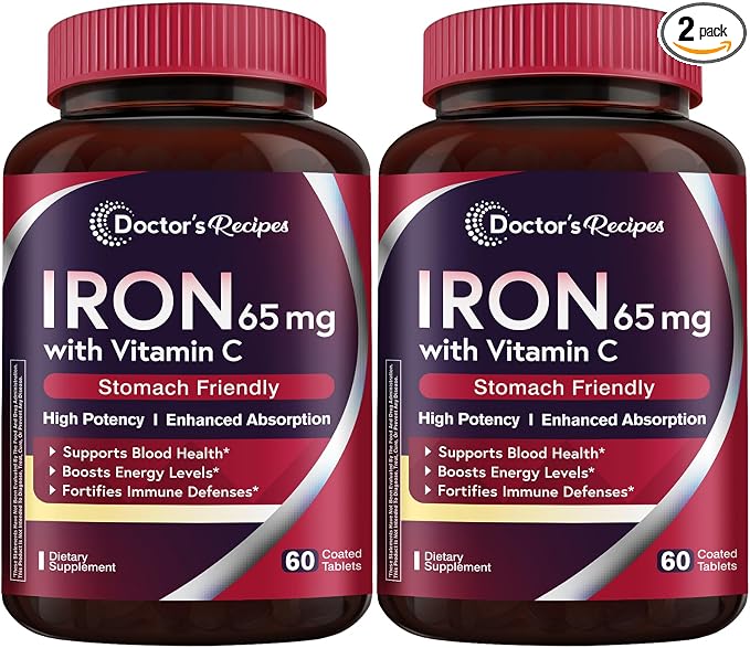 Doctor's Recipes Iron Supplement 65 mg with Vitamin C - Maximized Absorption & Stomach Friendly Iron Pills for Red Blood Cells Formation, Heart, Brain & Immunity Health - Vegan 120 Iron Tabs (2 Pack)