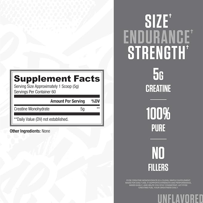 RYSE Creatine Monohydrate Powder - Unflavored - Supports Men & Women Lean Muscle Growth, Strength, Power, and Endurance - Helps Reduce Fatigue and Improve Workout Recovery - 60 Servings