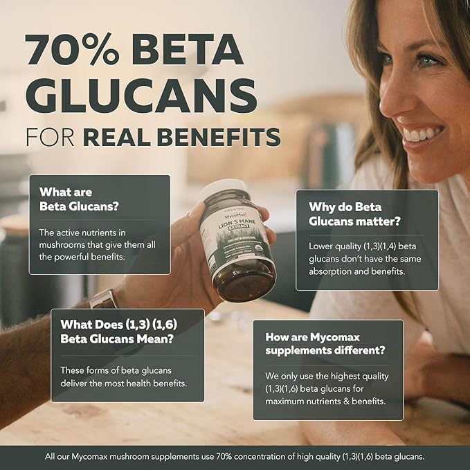 MycoMax Lions Mane Supplement - 70% Beta Glucans, Max Potency Organic Lion’s Mane Extract, US Grown + Ultrasonic Extraction - 500 mg serving - Supports Mental Clarity, Focus and Memory - 60 Capsules