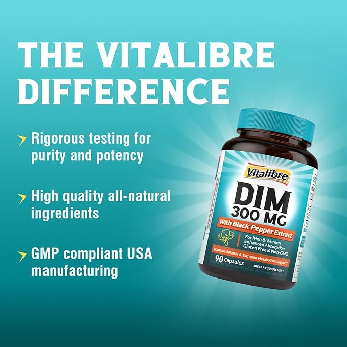 DIM Supplement for Women & Men, Estrogen Metabolism, Hormone Balance & Menopause Support, DIM 300 mg with Black Pepper Extract, High Absorption, 90 Capsules