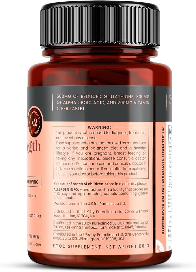 pureclinica Glutathione 1000mg x 60 Tablets. with 500mg Glutathione, 300mg ALA, and 200mg Vitamin C per Tablet.