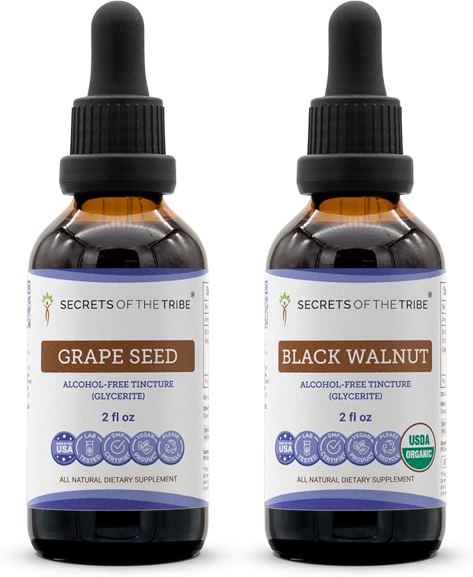 Secrets of the Tribe Grape Seed and Black Walnut Liquid Extract (2 pcs.) | Alcohol-Free Tinctures | Grape (Vitis vinifera) Dried Seed and Black Walnut (Juglans nigra) Dried Hull (2x2 fl oz)