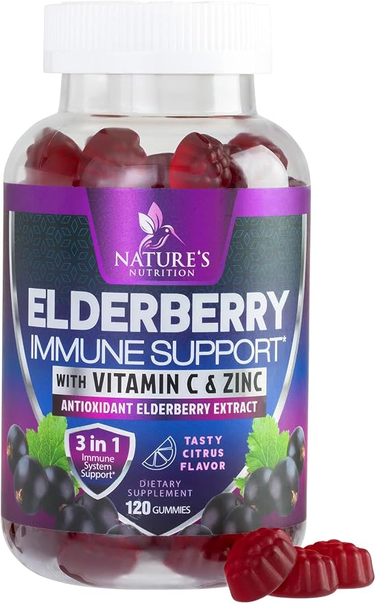 Elderberry Immune Support Gummies - 3X Strength Sambucus Elderberry Gummy with Vitamin C, D3 & Zinc - Nature’s Black Elderberry Extract - Immune Support Supplement for Adults & Kids - 120 Gummies
