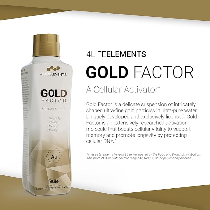 4LifeElements - Gold Factor Cellular Activator with Ultra-Fine Gold Particles for Vitality, DNA & Telomere Support, Brain Clarity - 32 oz