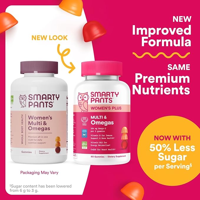 SmartyPants Women's Multivitamin Gummies, Omega 3 DHA/EPA, Methylfolate, CoQ10, Vitamin D3, C, B12, B6, A, K, Zinc, Three Fruit Flavors, 90 Count (30 Day Supply)