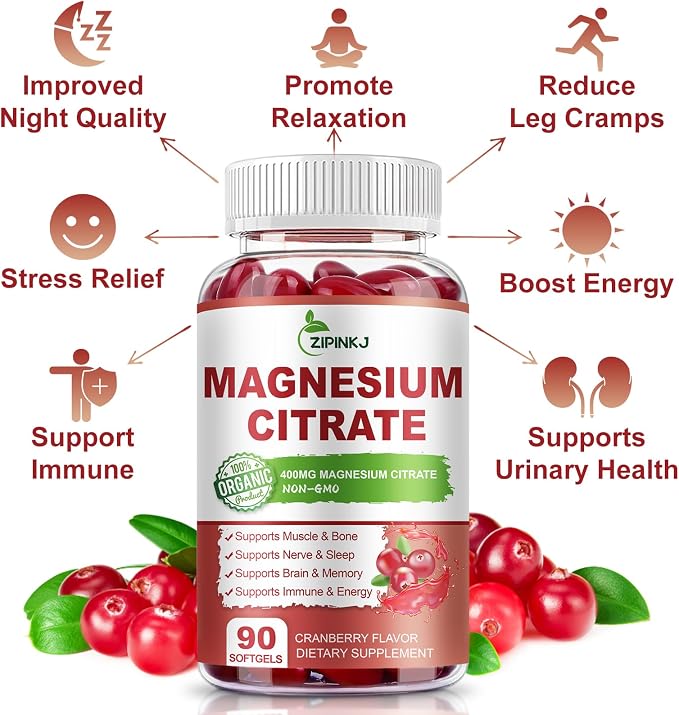 Magnesium Citrate Supplements for Women/Men, Magnesium Citrate 400mg with Vitamin D3, Vitamin B6 and Cranberry Extract High Absorption, Improved Night Quality Muscle & Bone, 180-Count, 90 Days Supply