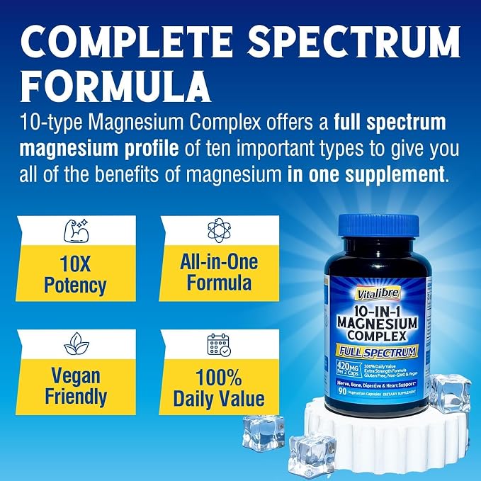 Vitalibre 10 in 1 Magnesium Complex, 420mg Elemental Magnesium | Ultra Strength, Max Absorption | Chelated Magnesium Supplement for Nerves, Bone & Heart Health | Non-GMO, 90 Vegan Capsules