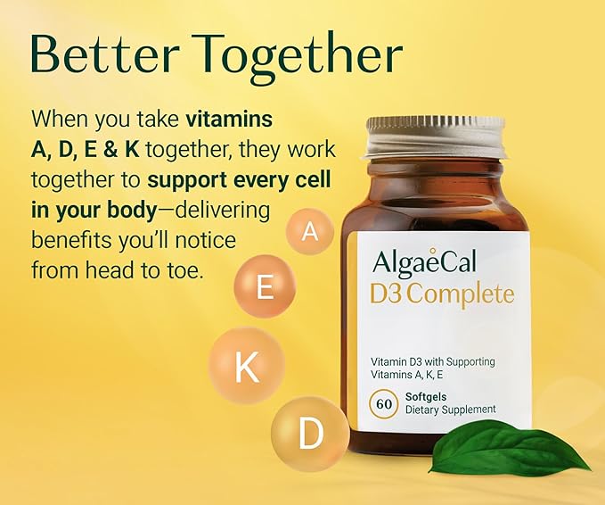 ALGAECAL D3 Complete - Enhanced Immune Support & Bone Health with D3 K2, A, & E - Whole Body Wellness & Bone Strength, 60 softgels (1 Pack)