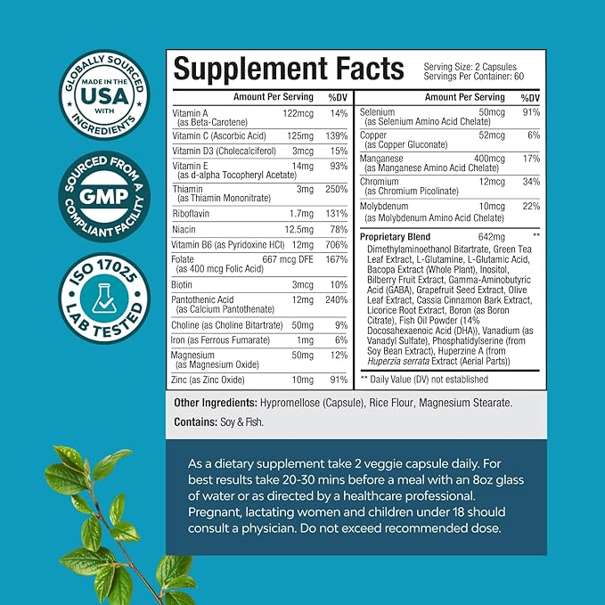 Nootropic Brain Supplement for Memory and Focus Enhancement - Vitamins for Mental Health & Clarity with VIT A, B6, Riboflavin, Niacin, Thiamin & Folate - Cognitive Complex for Mind Vitality - 120ct